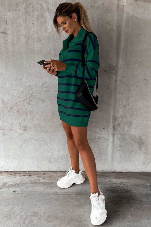 Striped O-Ring Zip Front Collared Drop Shoulder Long Sleeve Sweater Dress